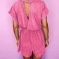 Mist Blue Mineral Wash Drawstring Waist Hollow Out Back Short Sleeve Romper