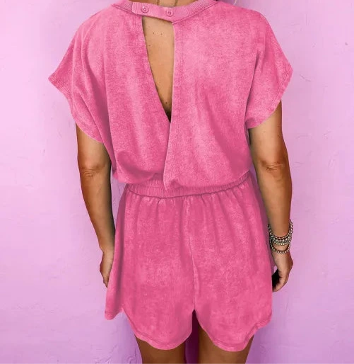 Mist Blue Mineral Wash Drawstring Waist Hollow Out Back Short Sleeve Romper