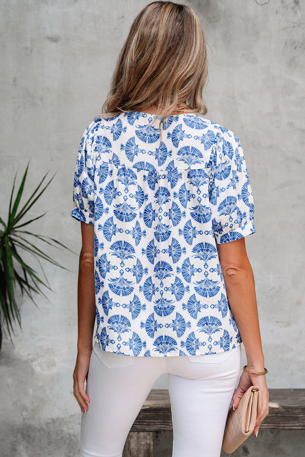 Geometric Print Tassel Drawstring V Neck Blouse