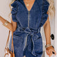 Denim Ruffled Zipped Romper