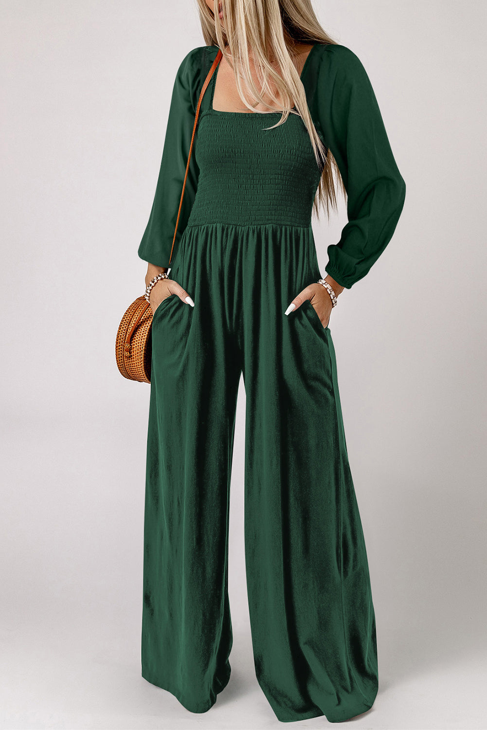 Smocked Square Neck Wide Leg Jumpsuit