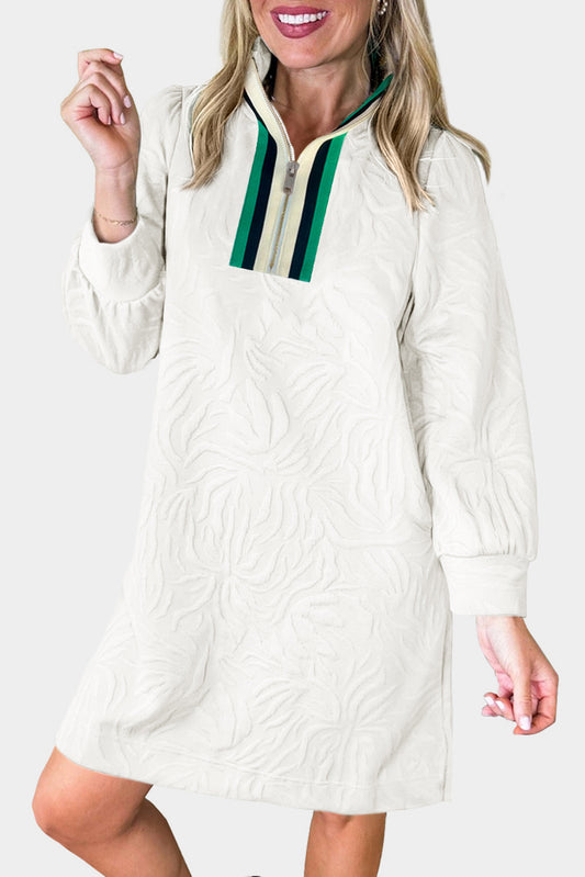 Jacquard Textured Quarter Zipper Shift Mini Dress