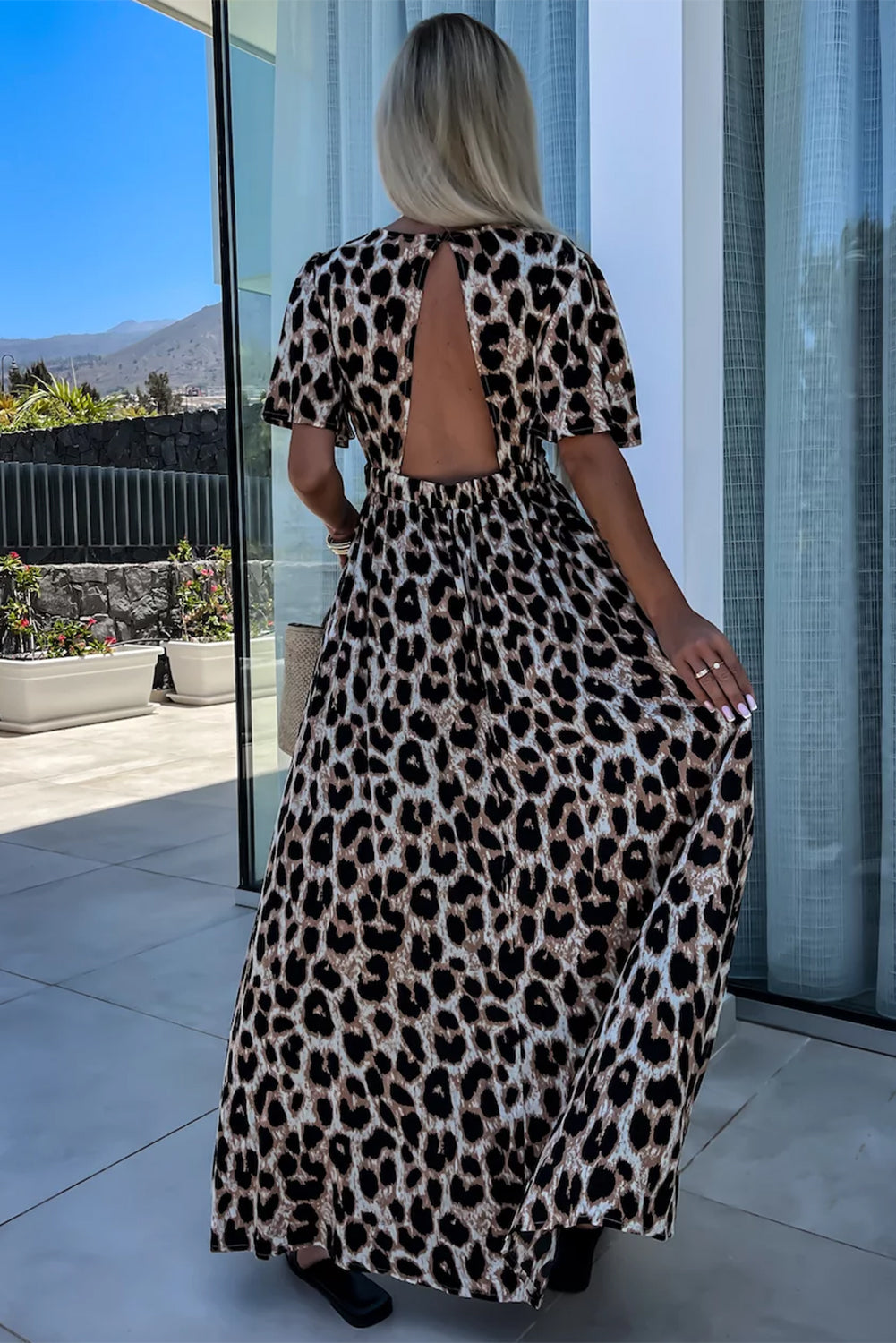 Leopard V Neck Cinched Open Back Maxi Dress