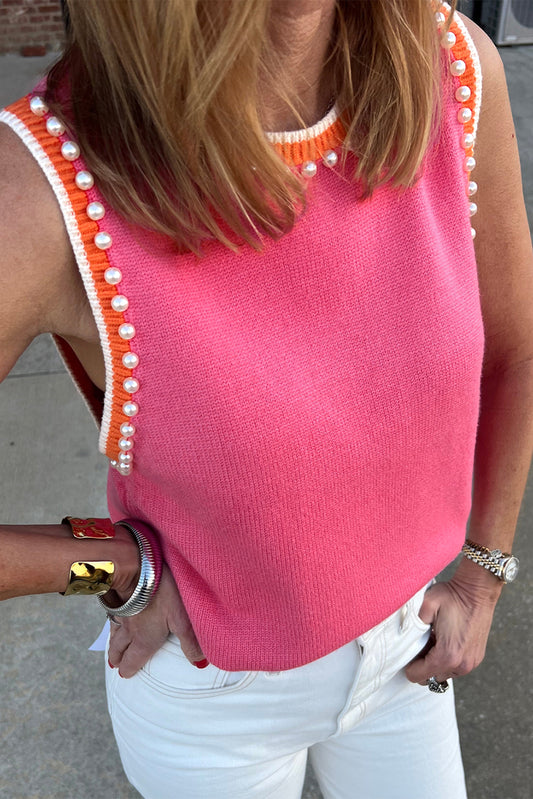 Contrast Trim Pearl Detail Sweater Tank Top