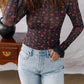 Floral Print Smocked Cuff Slim Fit Mesh Bodysuit