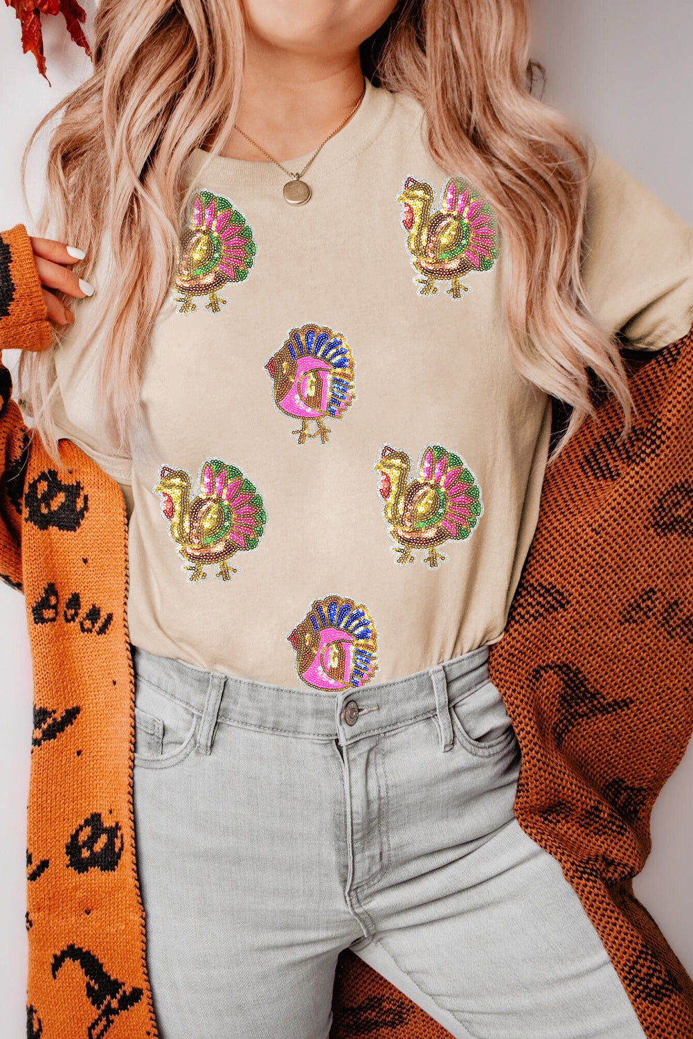 Sequin Turkey Patched Thanksgiving Graphic Tee