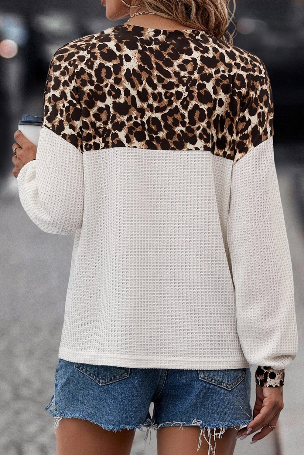 Leopard Waffle Knit Patchwork Top