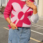 2-tone Contrast Flower Pattern Drop Shoulder Bulk Sweater