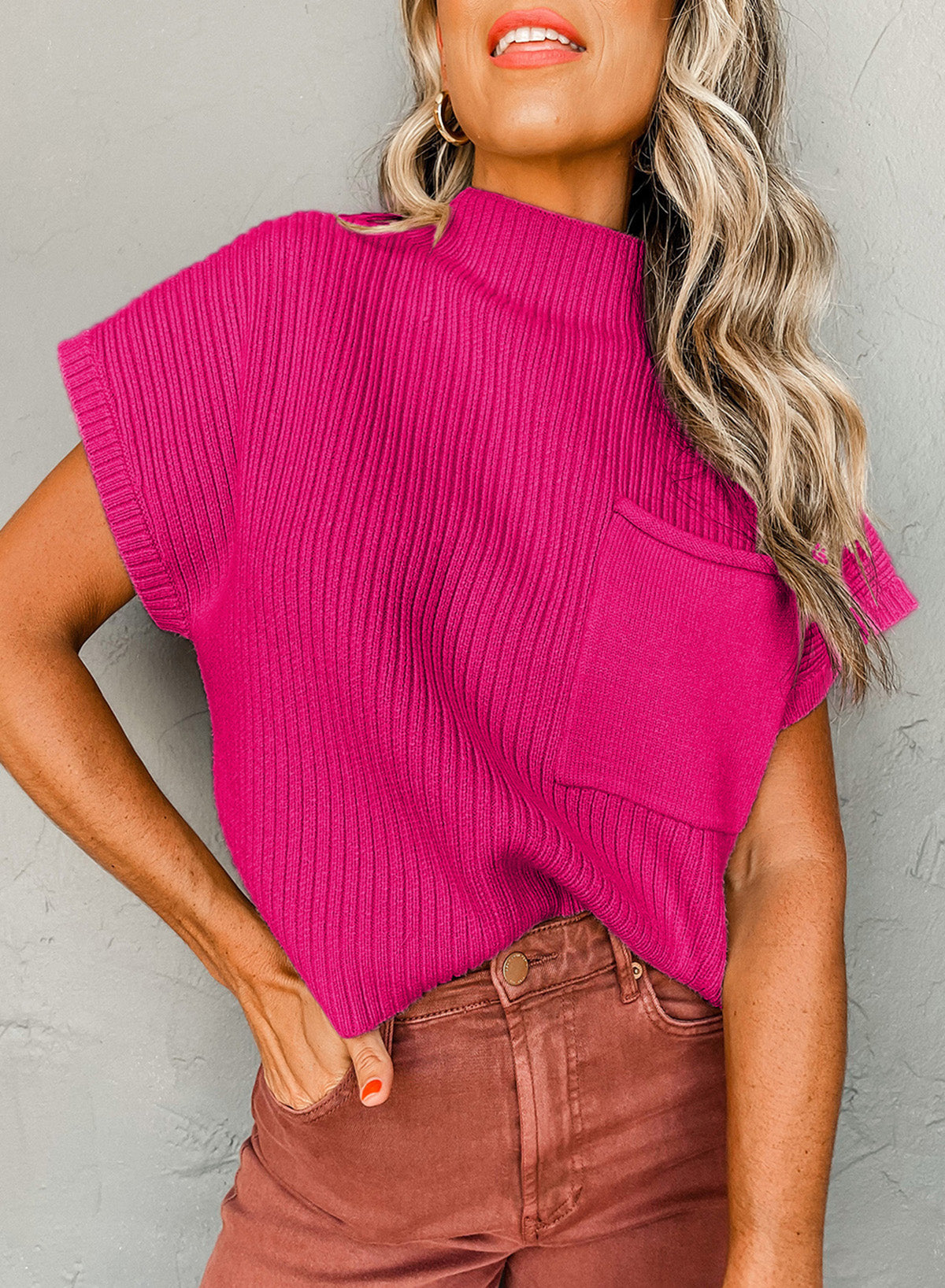 Pocket Ribbed Knit Sweater