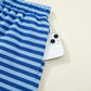 Blue Stripe Drop Shoulder Long Sleeve Pullover Elastic Waist Casual Short Set