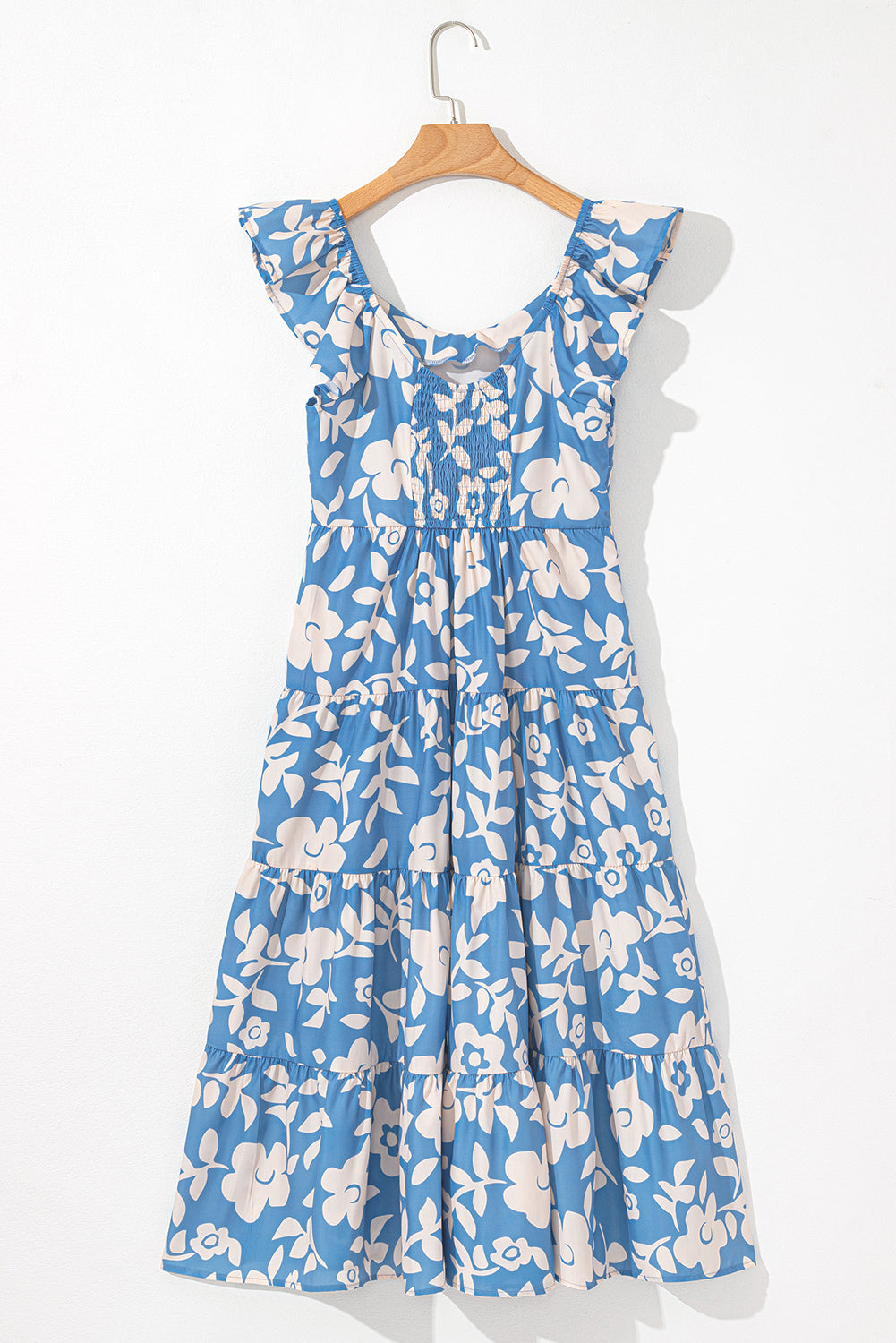 Floral U Neck Flutter Shoulder Tiered Flowy Midi Dress