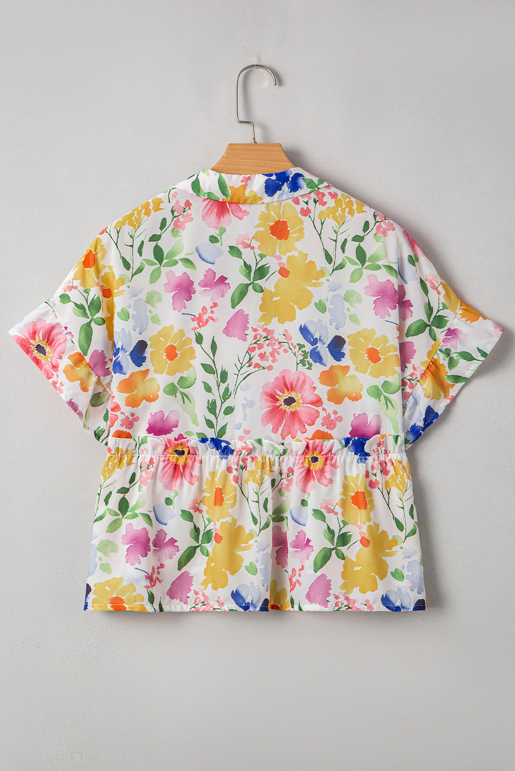 Floral Boxy Fit Ruffled Short Sleeve V Neck Blouse
