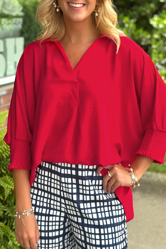 V Neck Collared Shirred 3/4 Sleeve Oversized Tunic Top