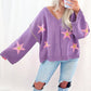 Brushed Star Graphic V Neck Drop Shoulder Oversize Sweater