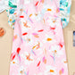 Contrast Floral Patchwork Notched Neck Flutter Sleeve Blouse