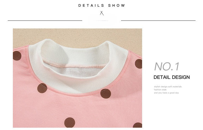 Pink Polka Dot Ribbed Trim Long Sleeve Top Casual Short Set