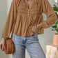 Smocked Bust Buttoned Split V Neck Flow Fit Blouse
