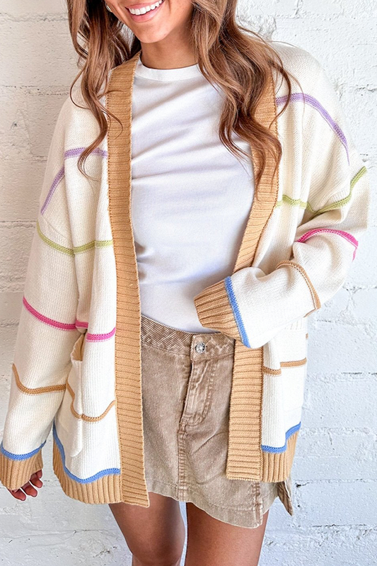 Block Striped Open Front Cardigan With Pocket