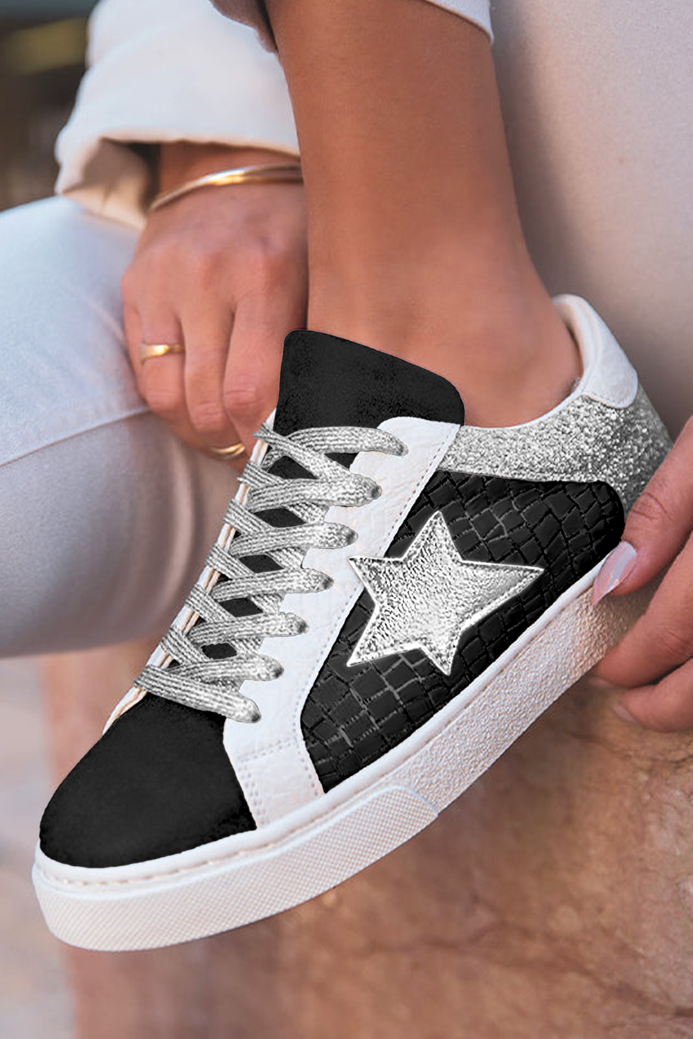 Star Patchwork Sequined Lace-up Sneakers