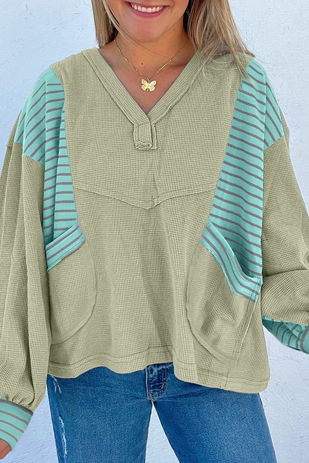 Waffle Striped Patchwork Baggy Pullover