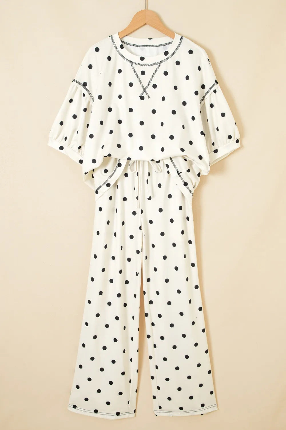 Beige Polka Dot Half Sleeve Loose Top Elastic Waist Casual Pants Set