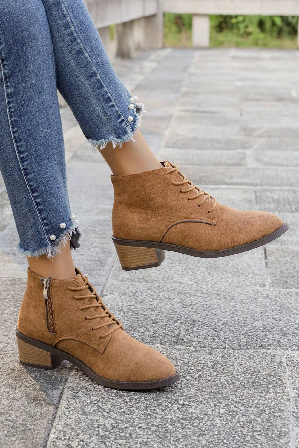 Faux Suede Zip Side Lacing Detail Ankle Boots