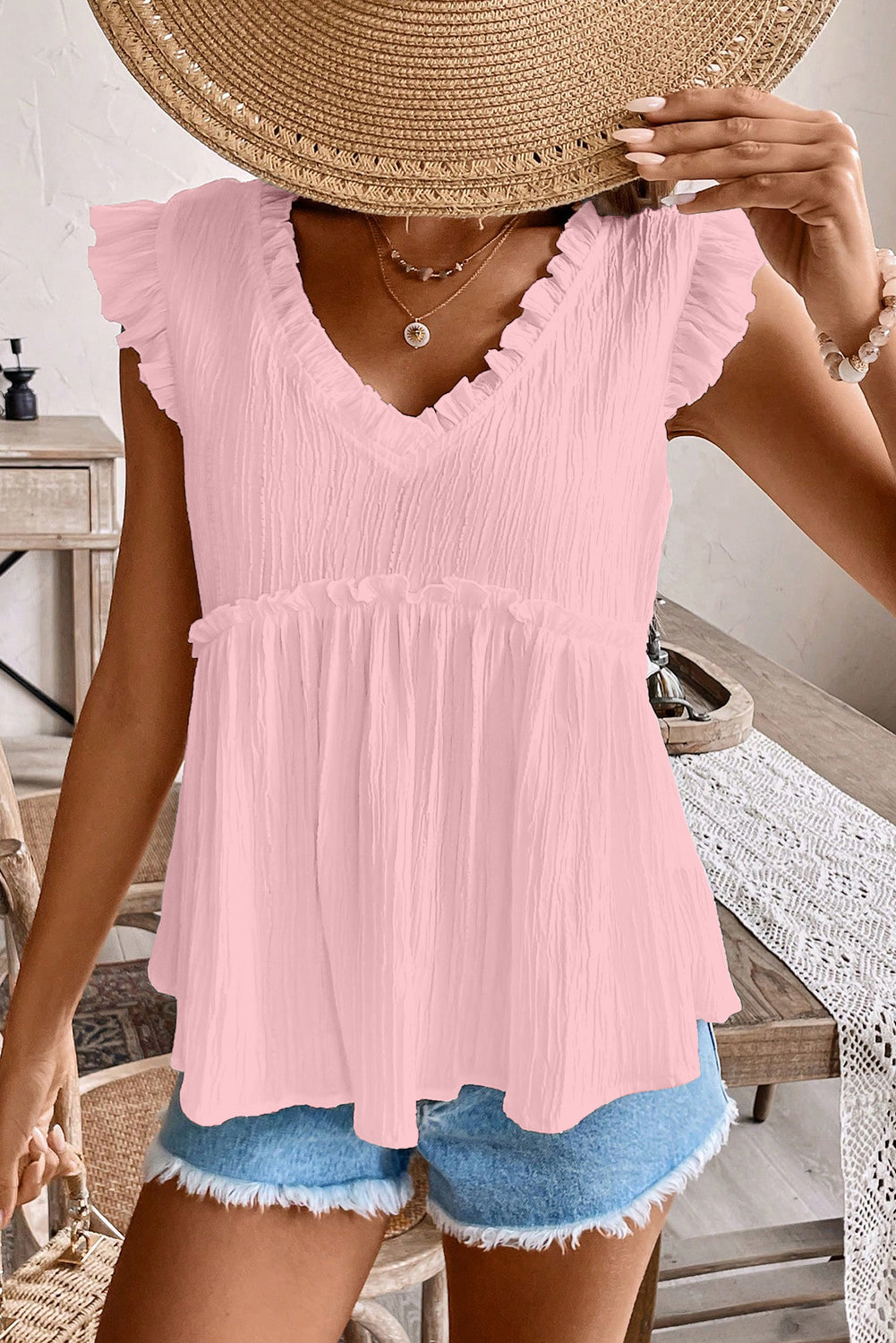 Textured Ruffled Trim V Neck Flutter Flowy Top