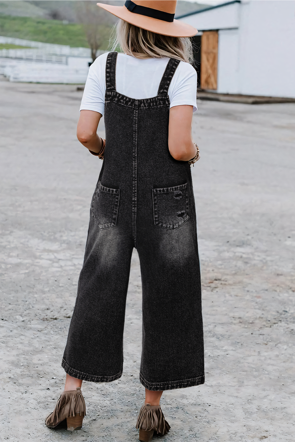 Distressed Pocket Wide Leg Denim Overall