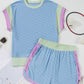 Corded Knit Contrast Trim Round Neck Cap Sleeve 2pcs Short Set