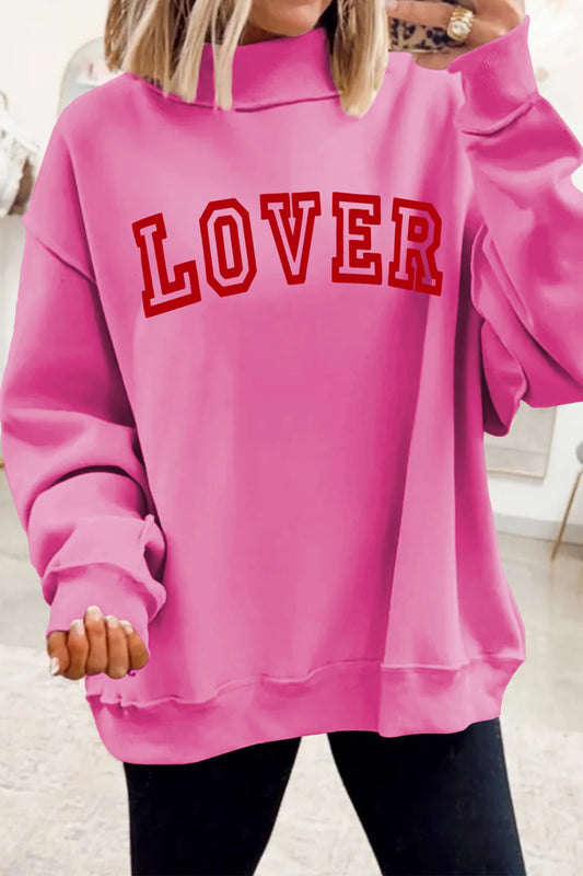 LOVER Heart Script Reversible Print Mock Neck Sweatshirt