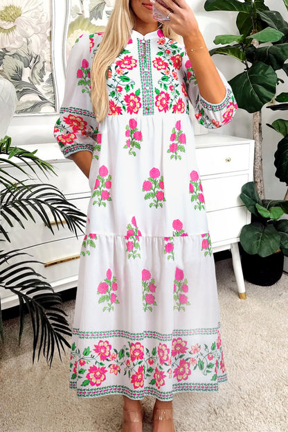 Floral Print Half Button Mandarin Neck 3/4 Sleeve Maxi Dress