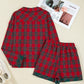 Plaid Contrast Patched Christmas Holiday Long Sleeve Shirt and Short 2pcs Pajama Set