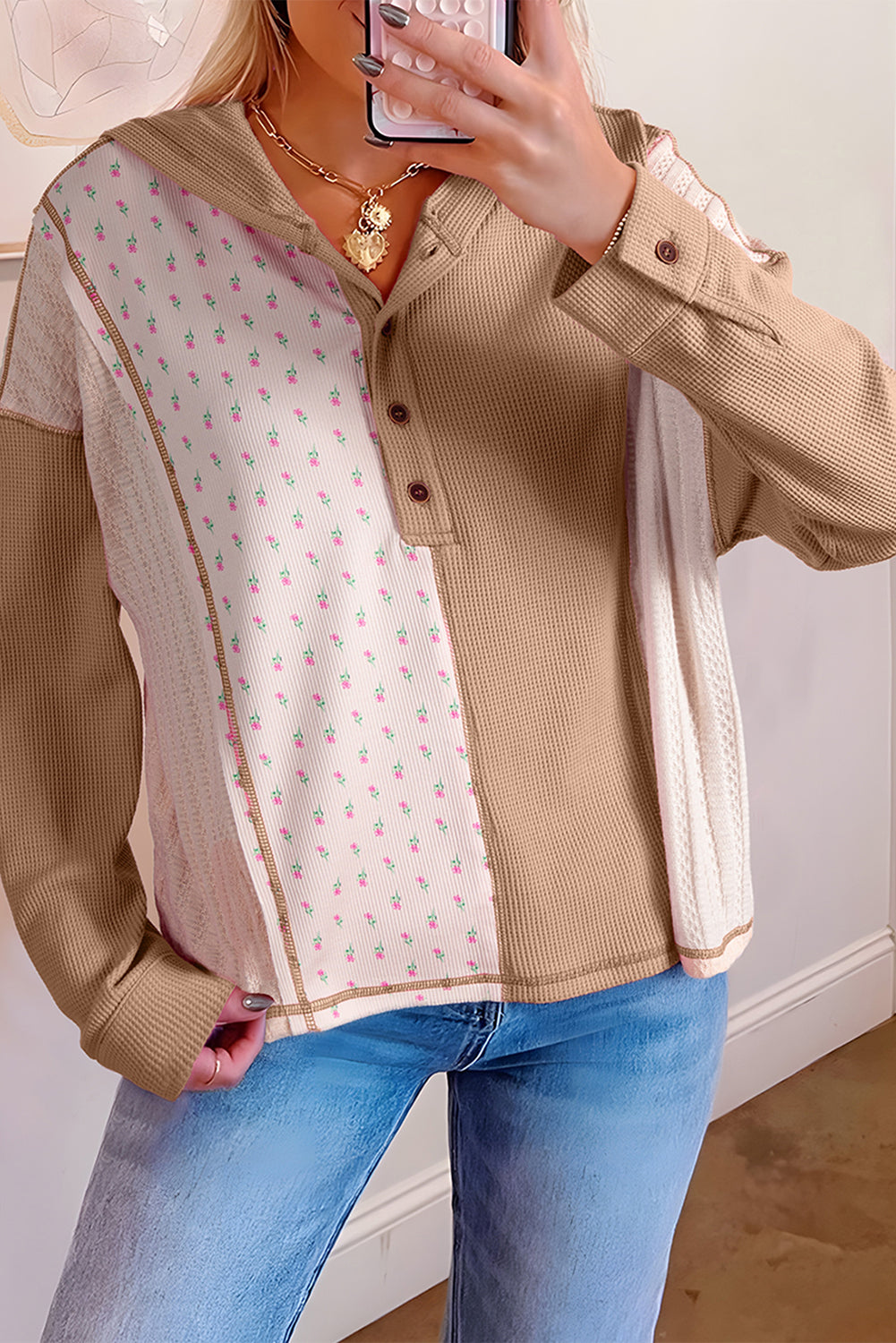 Mixed Texture Waffle Floral Patchwork Hooded Oversize Pullover
