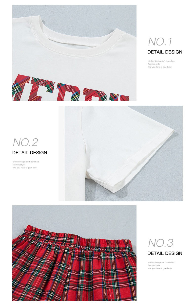 White Plaid Letter Print Short Sleeve Top Elastic Waist Pocket Shorts Lounge Set