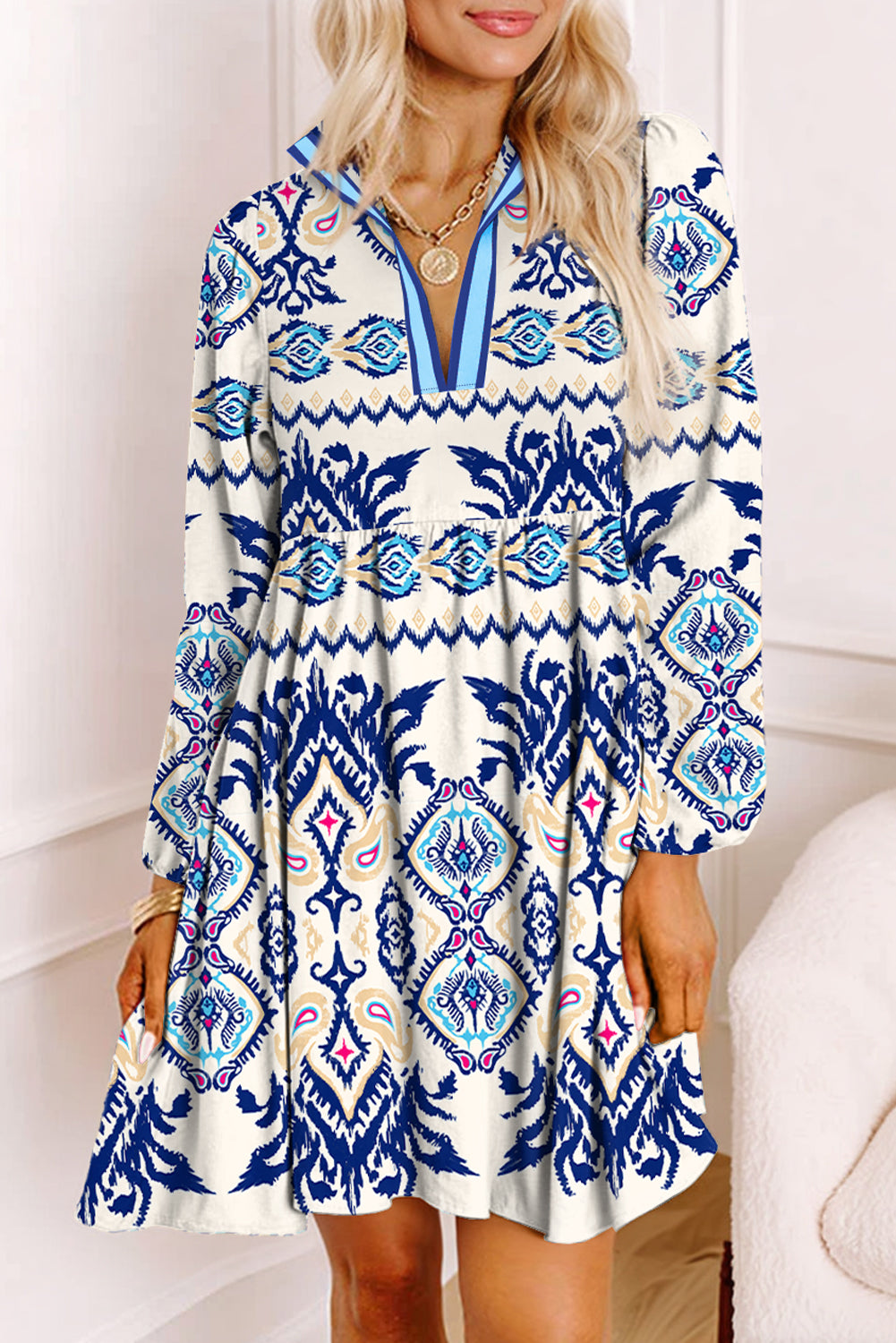 Ethnic Print Striped Split Neck Long Sleeve Flowy Mini Dress