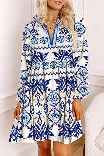 Ethnic Print Striped Split Neck Long Sleeve Flowy Mini Dress