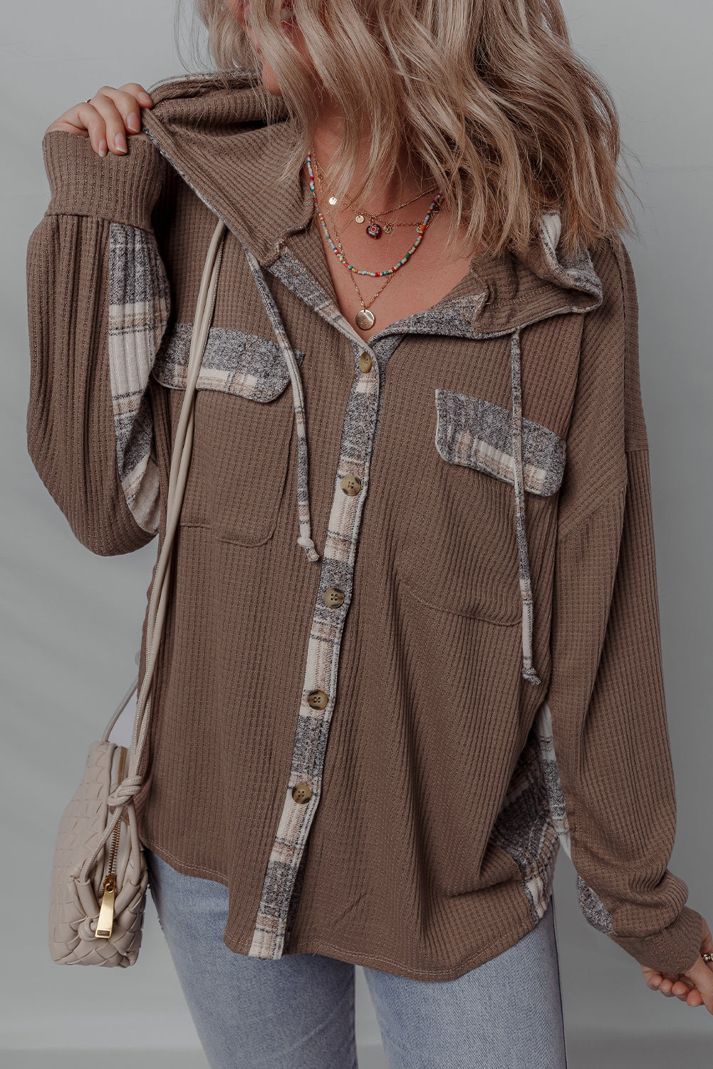 Plaid Patchwork Button Down Drawstring Hooded Shacket