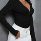 Textured Twist Front V Neck Long Sleeve Slim Solid Color Top