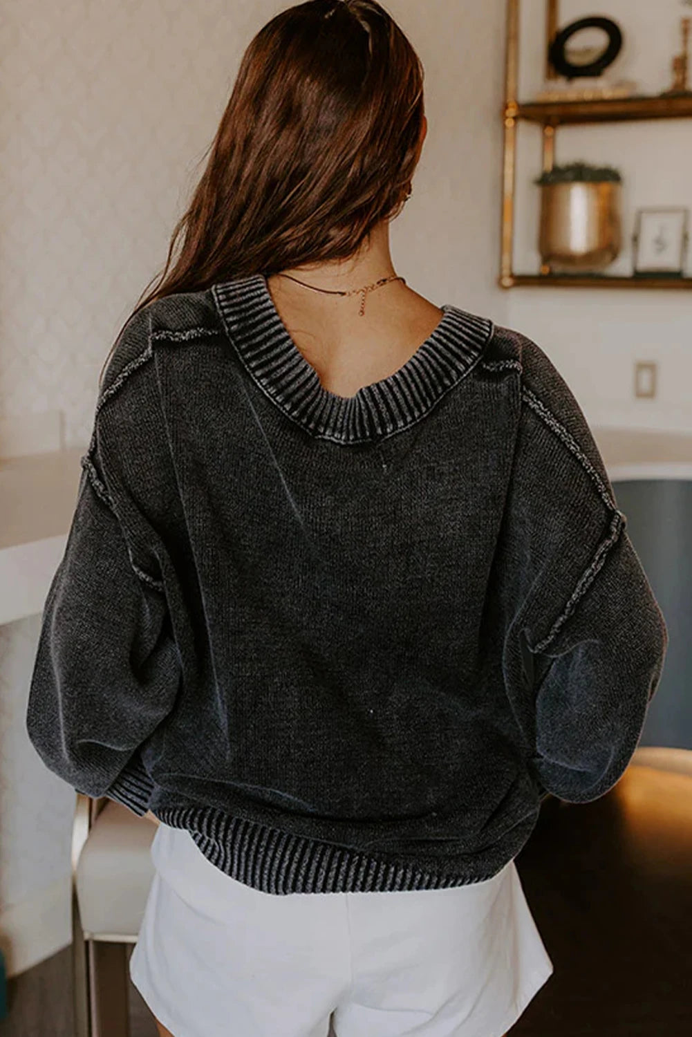 V Neck Knit Exposed Seam Drop Shoulder Loose Sweater