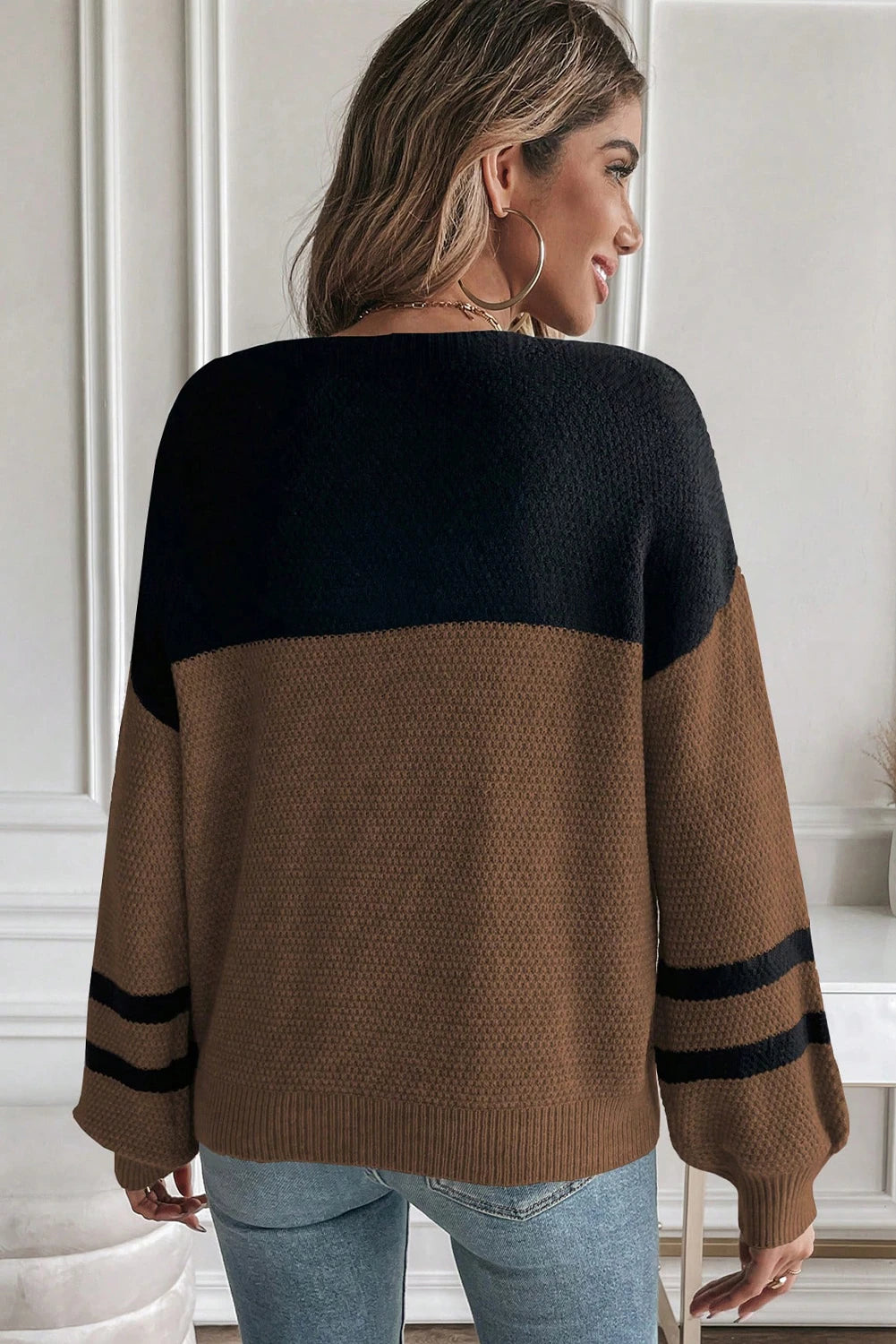 Block Knit Striped Sleeve Detail Casual Sweater