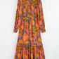 Floral Puff Sleeve Smocked Bodice Ruffled Long Dress