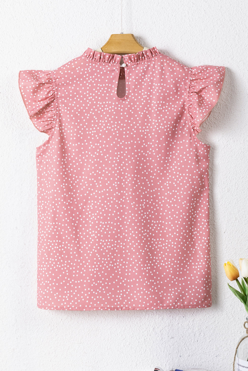 Polka Dots Ruffle Flutter Sleeve Frilled Neck Blouse