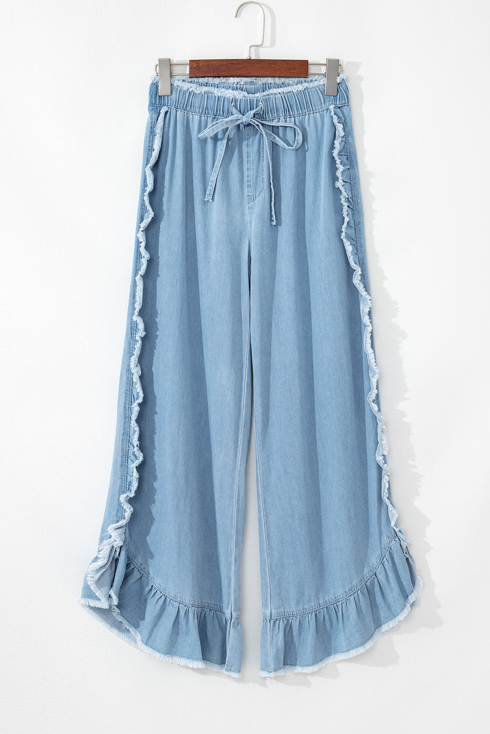 Light Wash Raw Hem Ruffled Wide Leg Jeans