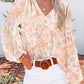 White Floral Print V Neck Long Puff Sleeve Top