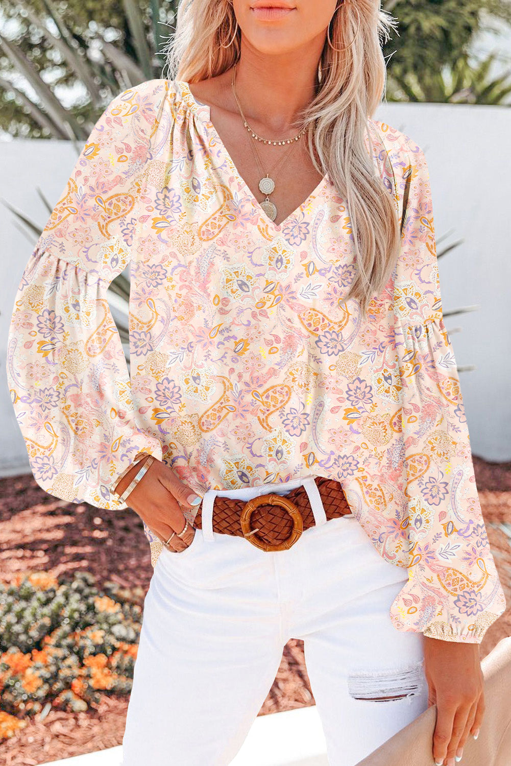 White Floral Print V Neck Long Puff Sleeve Top