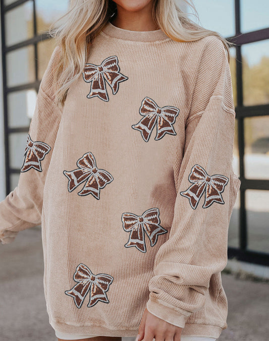 Oversize Sequin Bow Patched Corded Sweatshirt