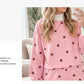 Pink Polka Dot Ribbed Trim Long Sleeve Top Casual Short Set
