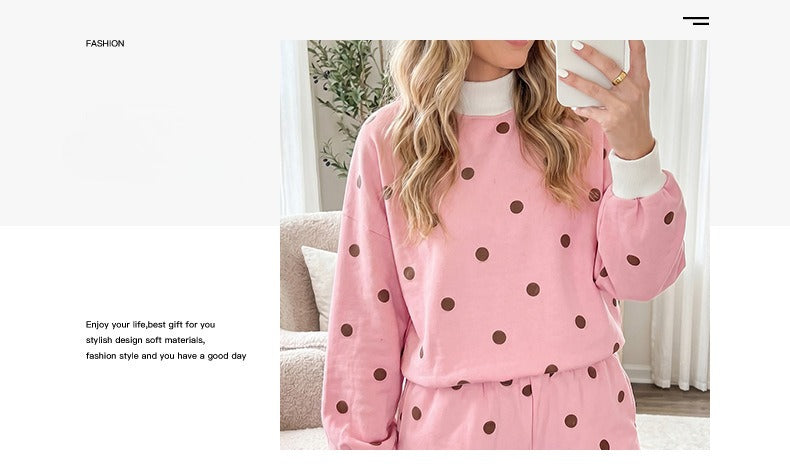 Pink Polka Dot Ribbed Trim Long Sleeve Top Casual Short Set