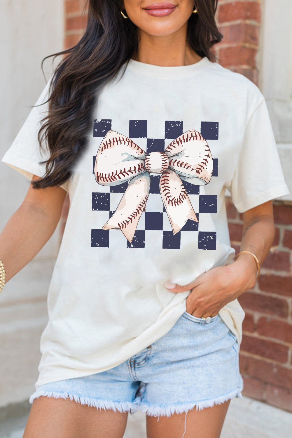 Checkered Rugby Bowknot Graphic Crew T Shirt