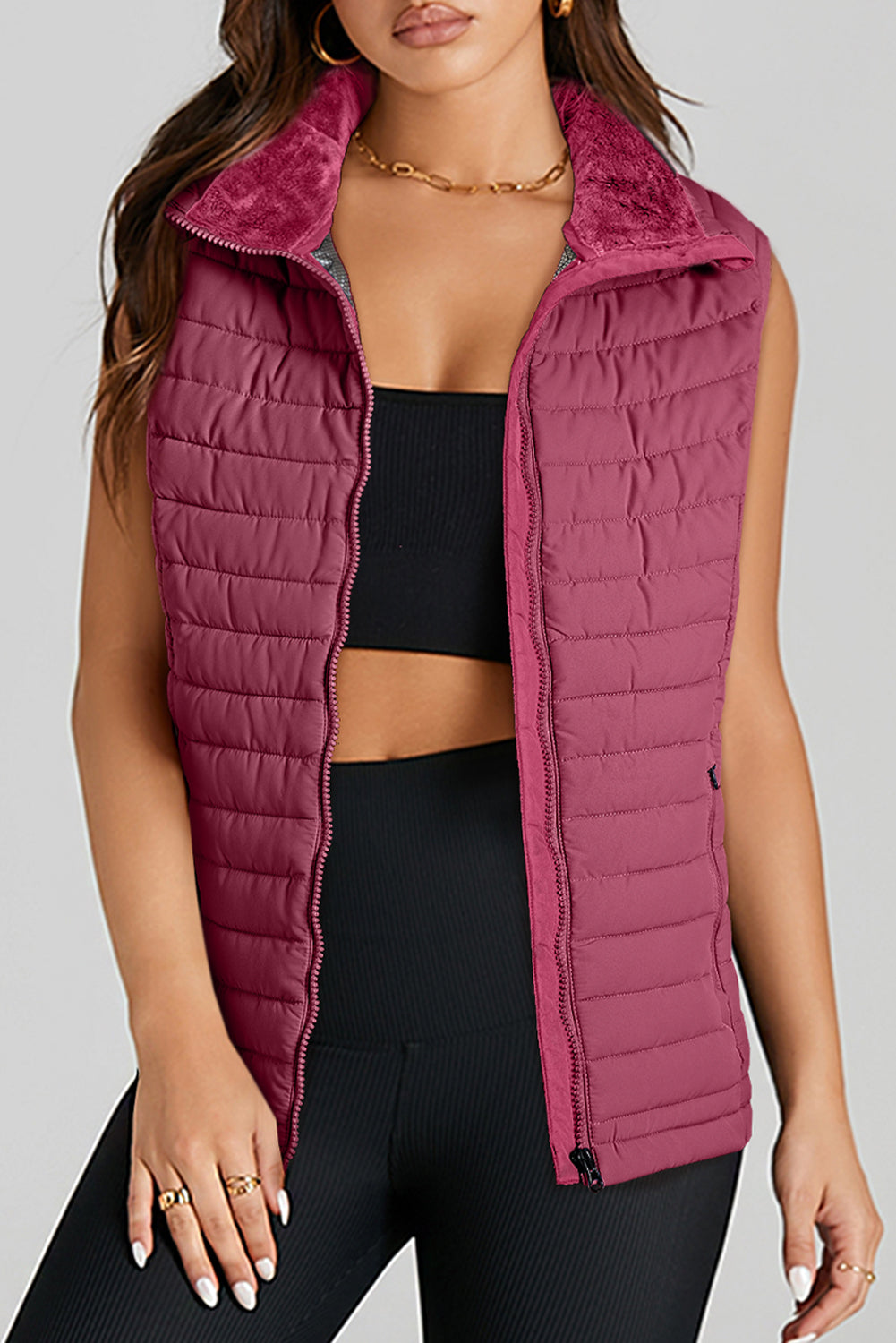 Plush Collared Quilted Zipped Puffer Vest